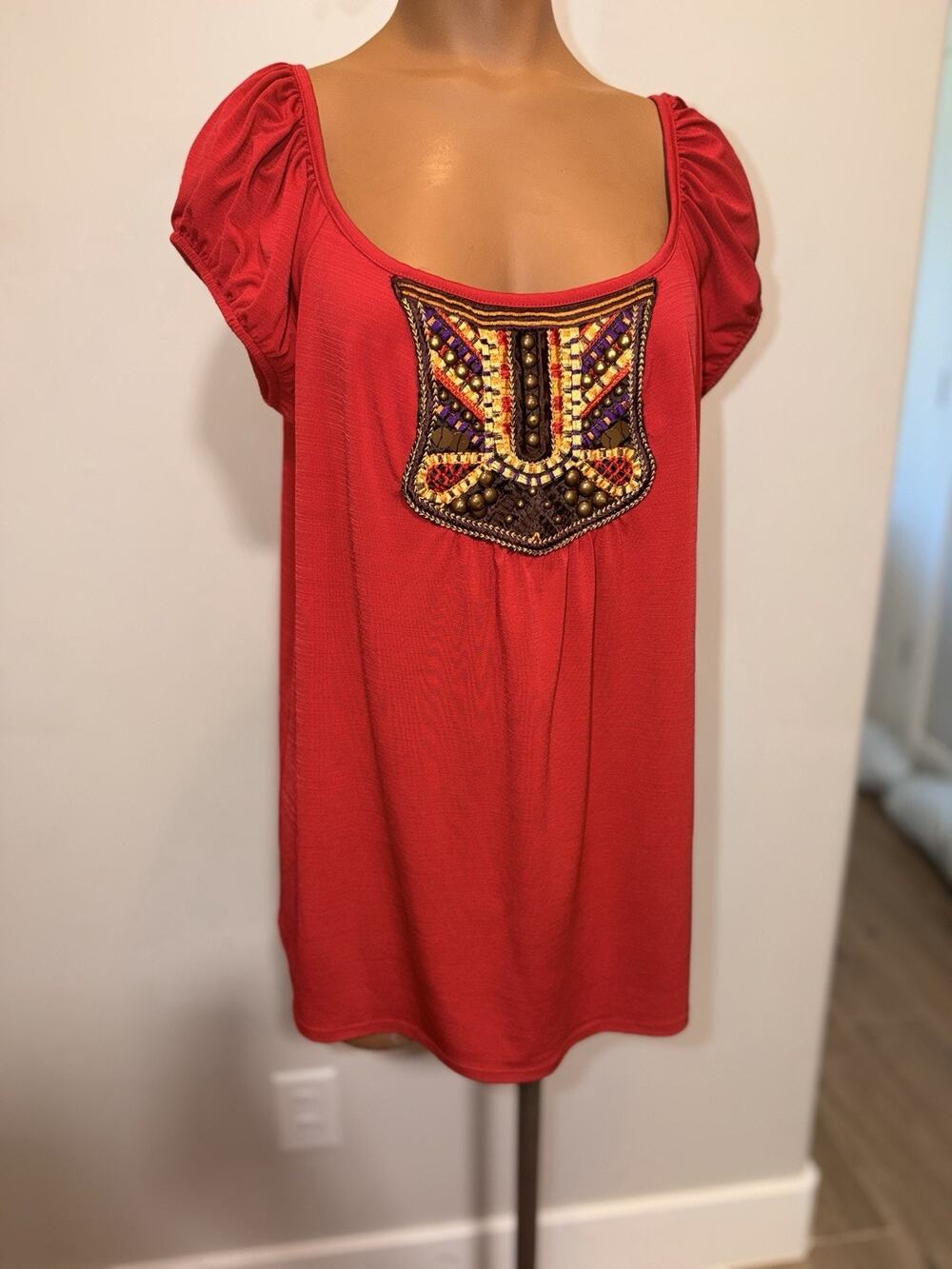 Red Embellished Blouse Shirt Top Boho Short Sleeve Womens XL